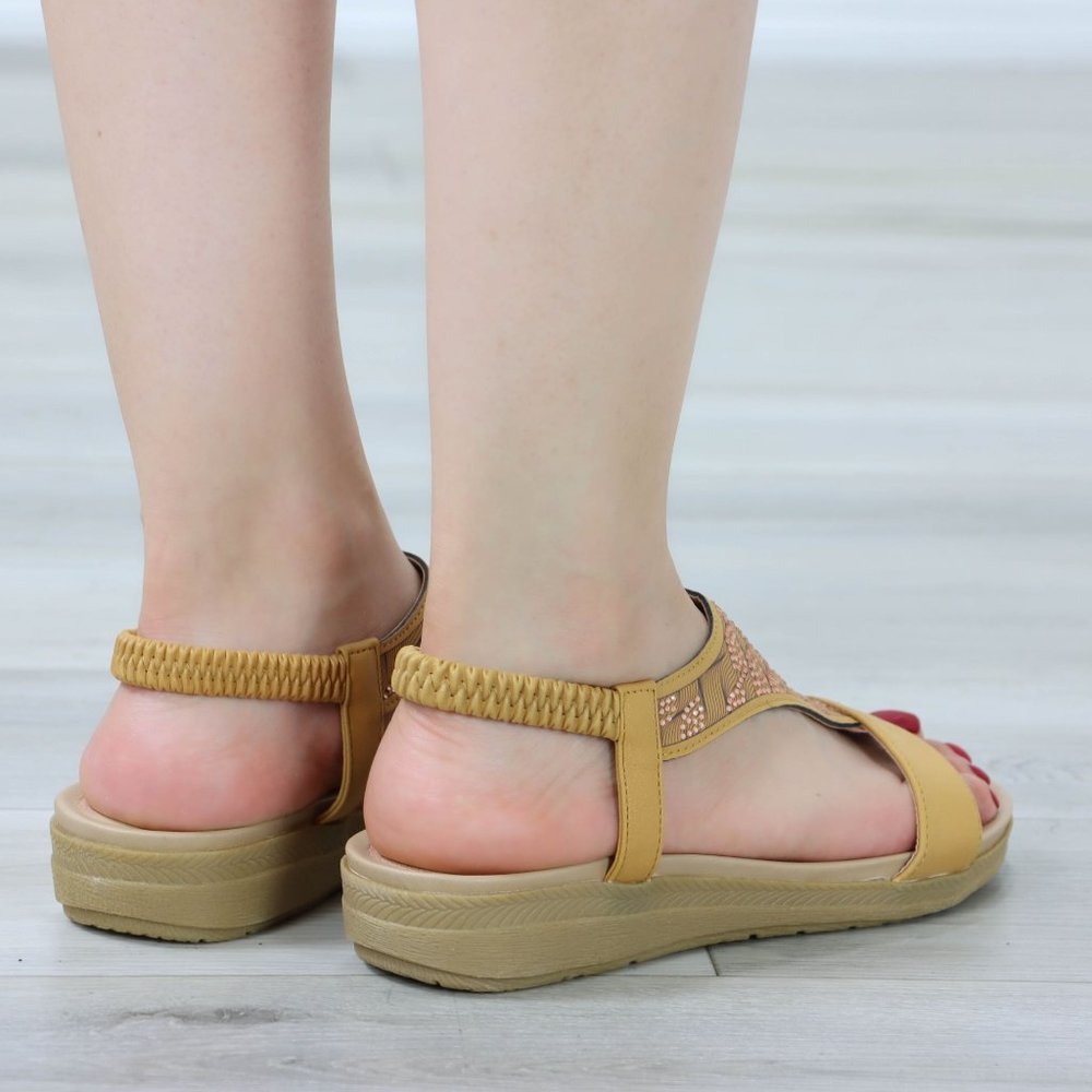 Tan T-Strap Gladiator Comfort Sandal Slip On Sliders - Picture 12 of 13